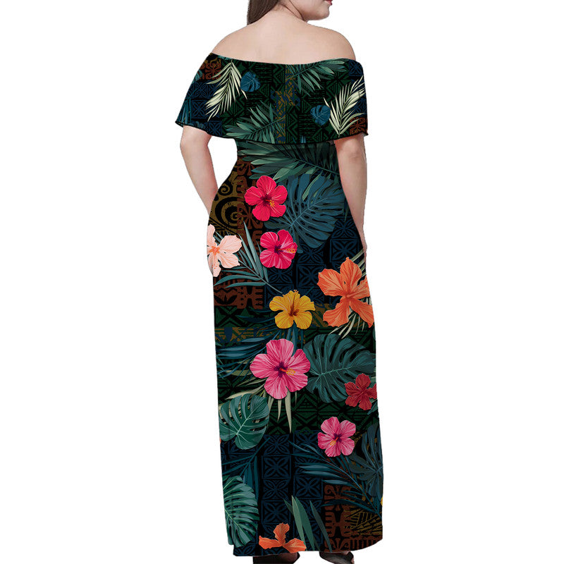Hawaii Women Off Shoulder Long Dress Tribal Elements And Hibiscus Version LT9 - Polynesian Pride