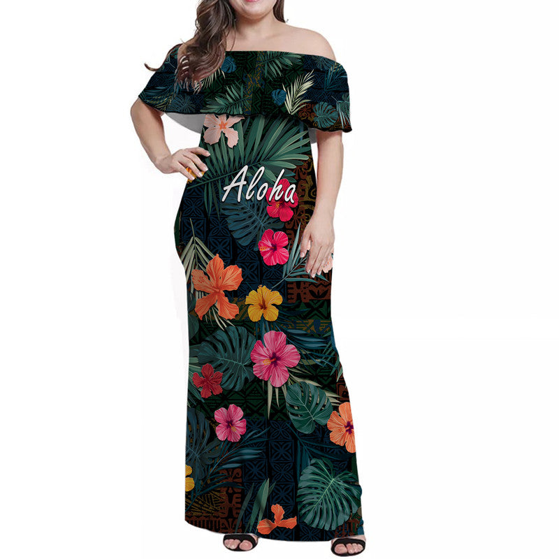 Hawaii Women Off Shoulder Long Dress Tribal Elements And Hibiscus Version LT9 Women Green - Polynesian Pride