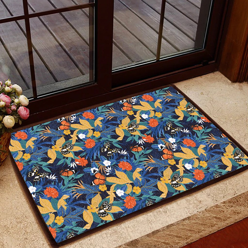 Tropical Buttterfly And Flower Hawaii Door Mat Door Mat Black - Polynesian Pride