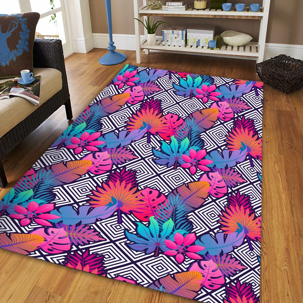 Tropical Exotic Leaves And Flowers On Geometrical Ornament Area Rug - AH - Polynesian Pride