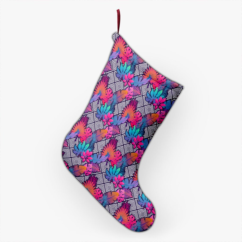 Tropical Exotic Leaves And Flowers On Geometrical Ornament. Christmas Stocking 26 X 42 cm Black Christmas Stocking - Polynesian Pride