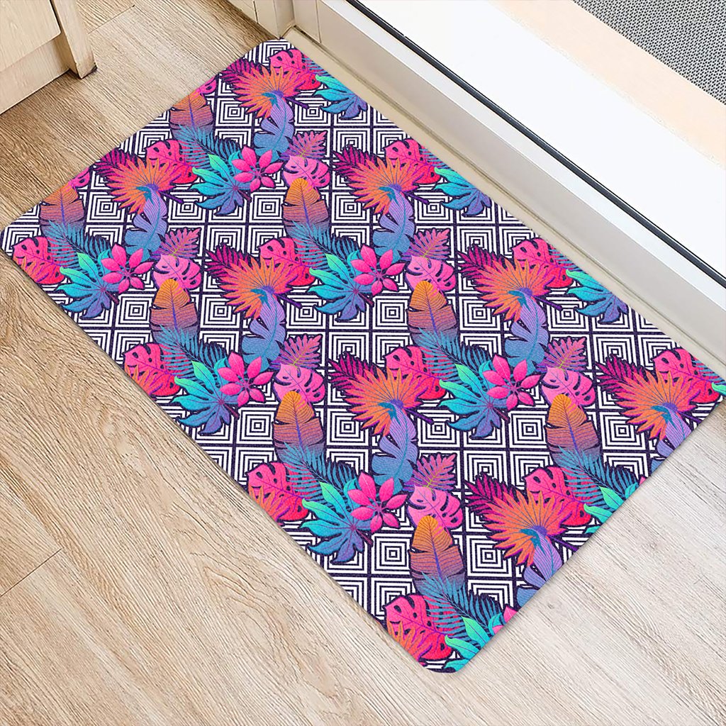 Tropical Exotic Leaves And Flowers On Geometrical Ornament. Hawaii Door Mat - Polynesian Pride