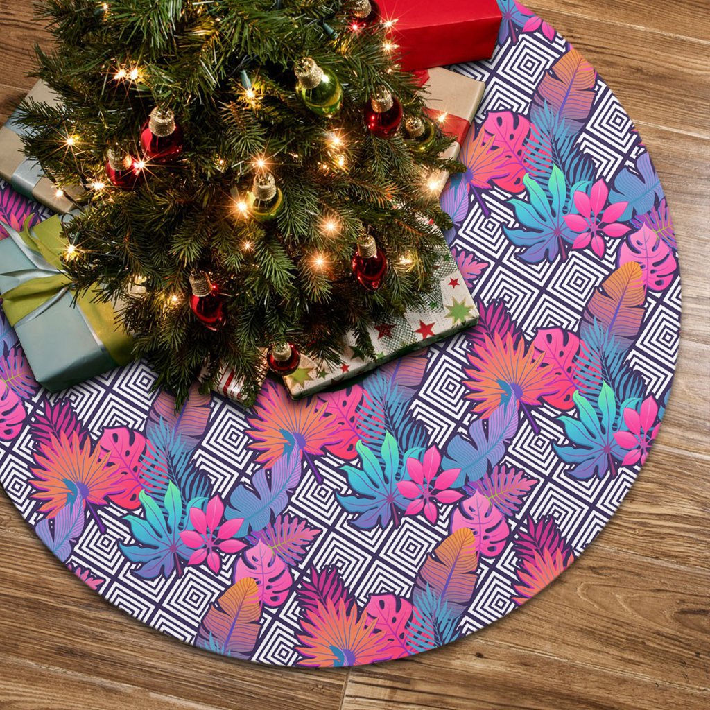 Tropical Exotic Leaves And Flowers On Geometrical Ornament. Tree Skirt - Polynesian Pride
