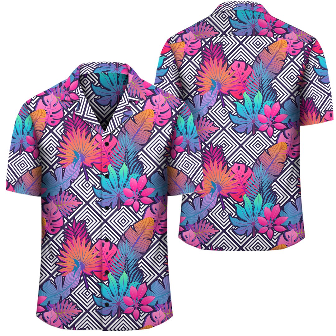 Tropical Exotic Leaves And Flowers On Geometrical Ornament Hawaiian Shirt Unisex Black - Polynesian Pride