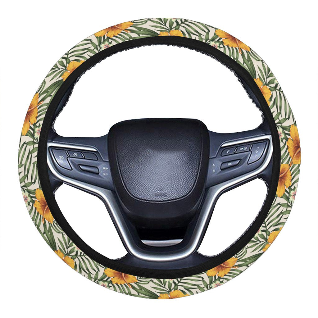 Tropical Flowers Hibiscus Pink Yellow Hawaii Universal Steering Wheel Cover with Elastic Edge One Size Pink Steering Wheel Cover - Polynesian Pride