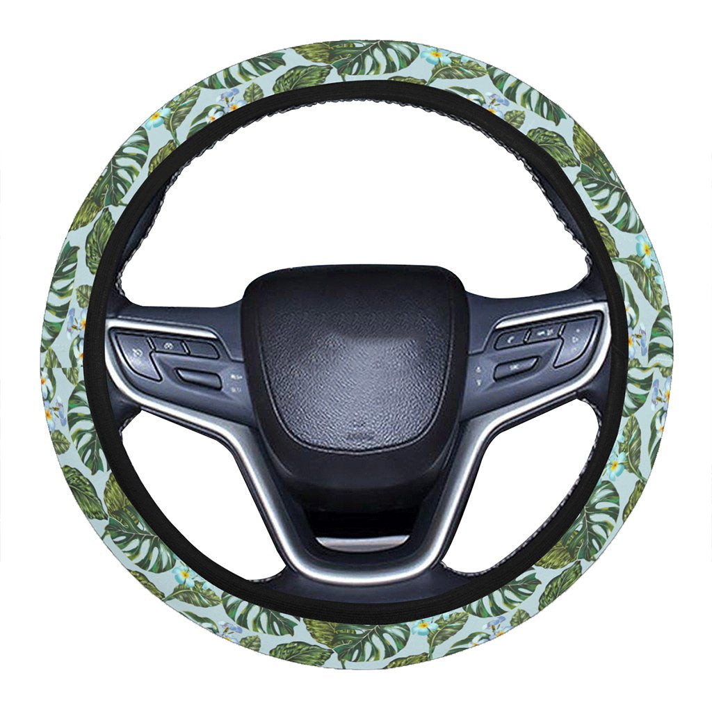 Tropical Flowers Monstera Leaf Hawaii Universal Steering Wheel Cover with Elastic Edge One Size Blue Steering Wheel Cover - Polynesian Pride