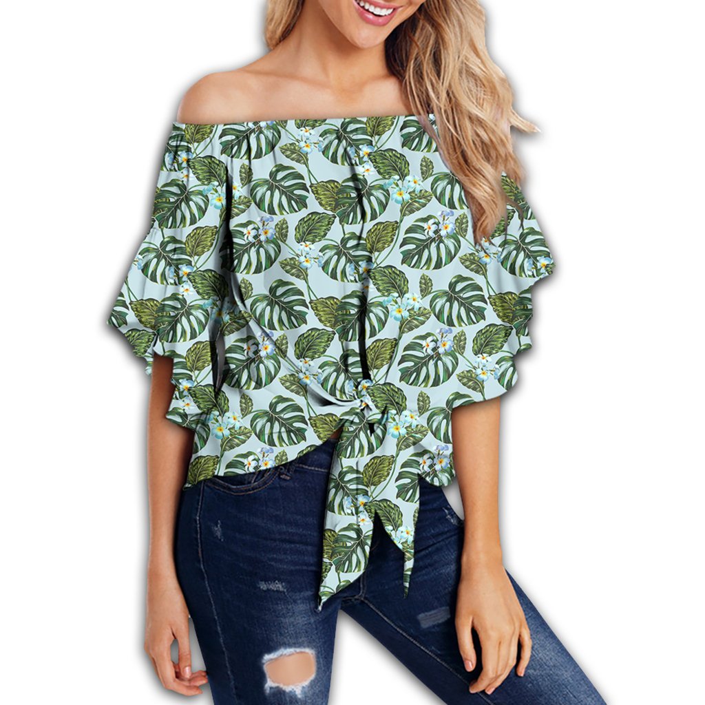 Tropical Flowers Monstera Leaf Women's Off Shoulder Wrap Waist Top - AH - Polynesian Pride