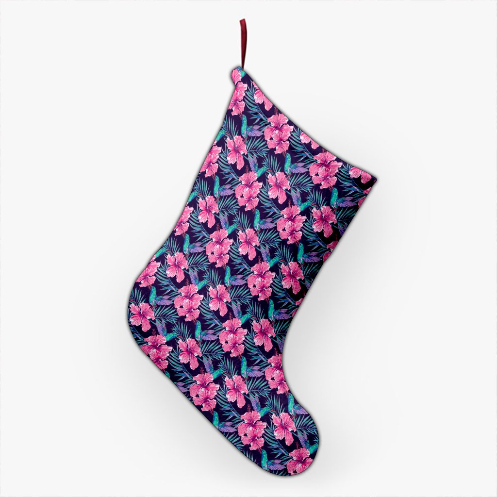 Tropical Flowers With Hummingbirds Palm Leaves Christmas Stocking 26 X 42 cm Black Christmas Stocking - Polynesian Pride