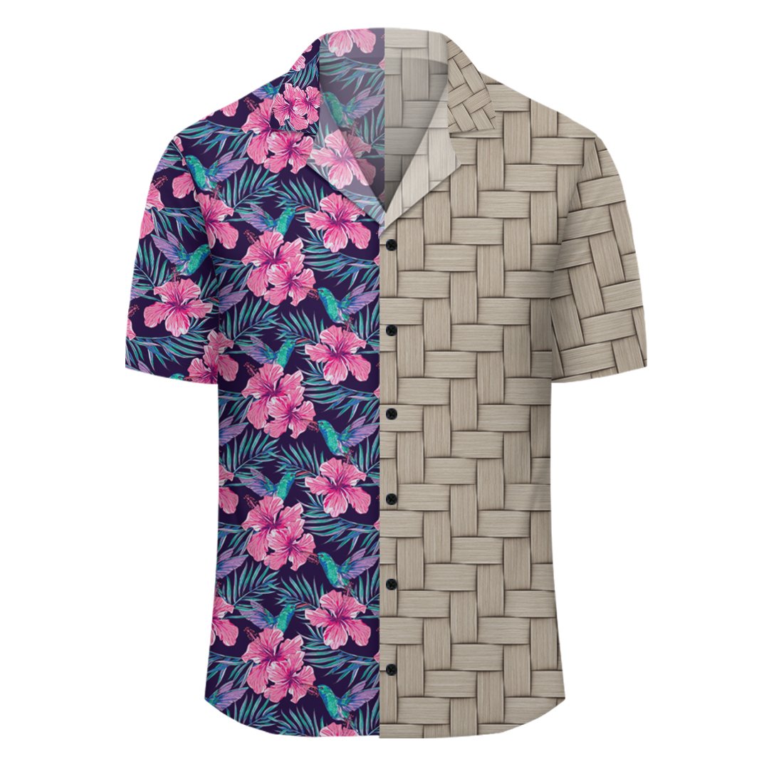 Tropical Flowers With Hummingbirds Palm Leaves Lauhala Moiety Hawaiian Shirt - Polynesian Pride