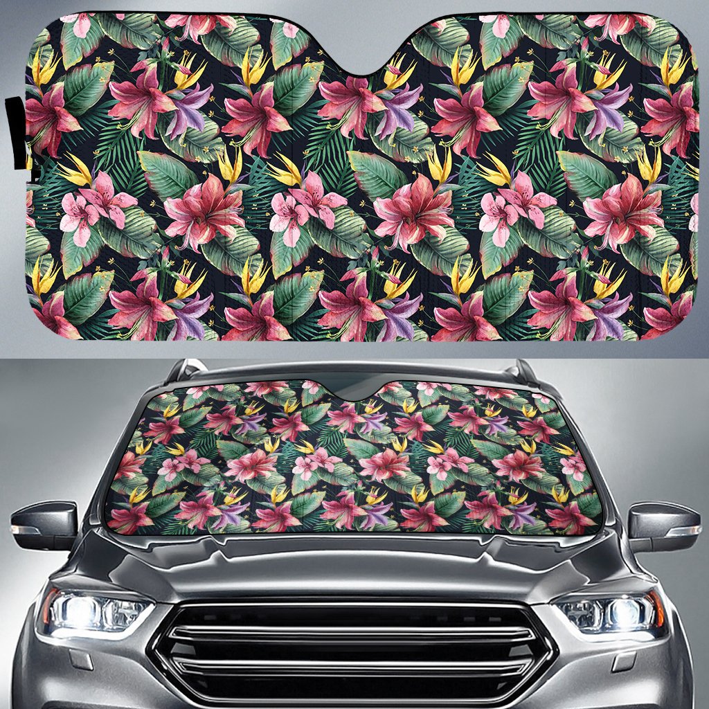 Tropical Flowers, Palm And Leaves Hawaii Car Sun Shade Auto Sun Shade Universal Fit White - Polynesian Pride