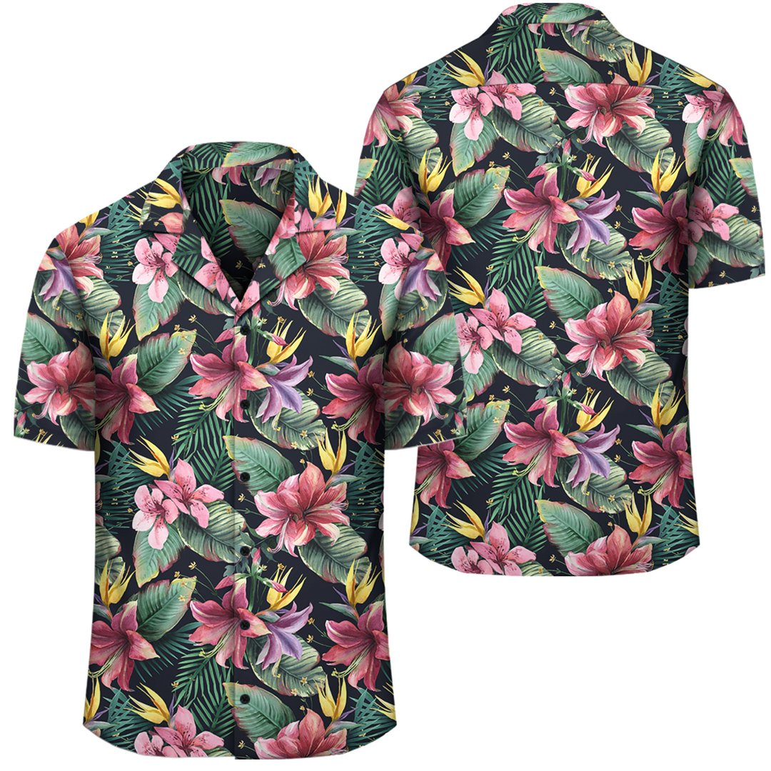 Tropical Flowers Palm And Leaves Hawaiian Shirt Unisex Black - Polynesian Pride