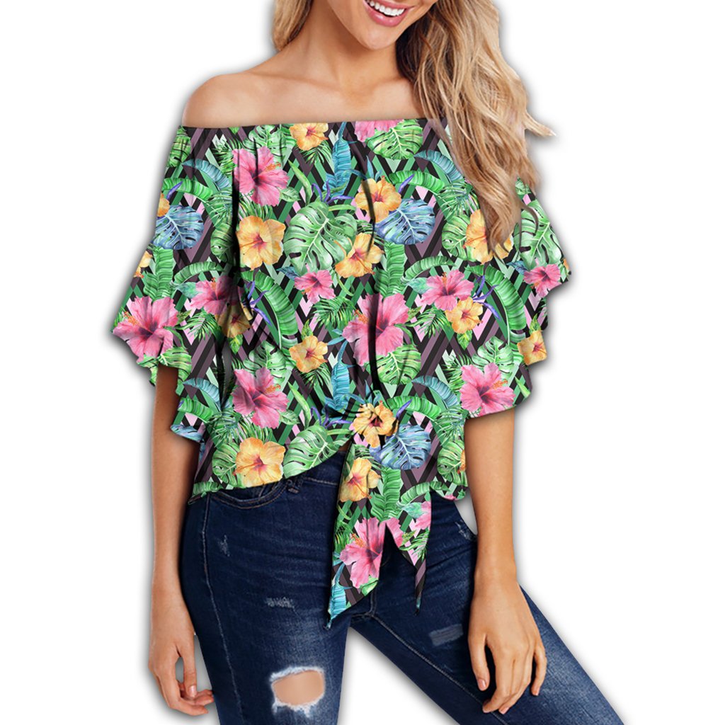 Tropical Hibiscus Banana Leafs Women's Off Shoulder Wrap Waist Top - AH - Polynesian Pride