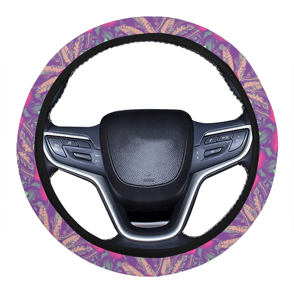 Tropical Hibiscus Purple Hawaii Universal Steering Wheel Cover with Elastic Edge One Size Purple Steering Wheel Cover - Polynesian Pride