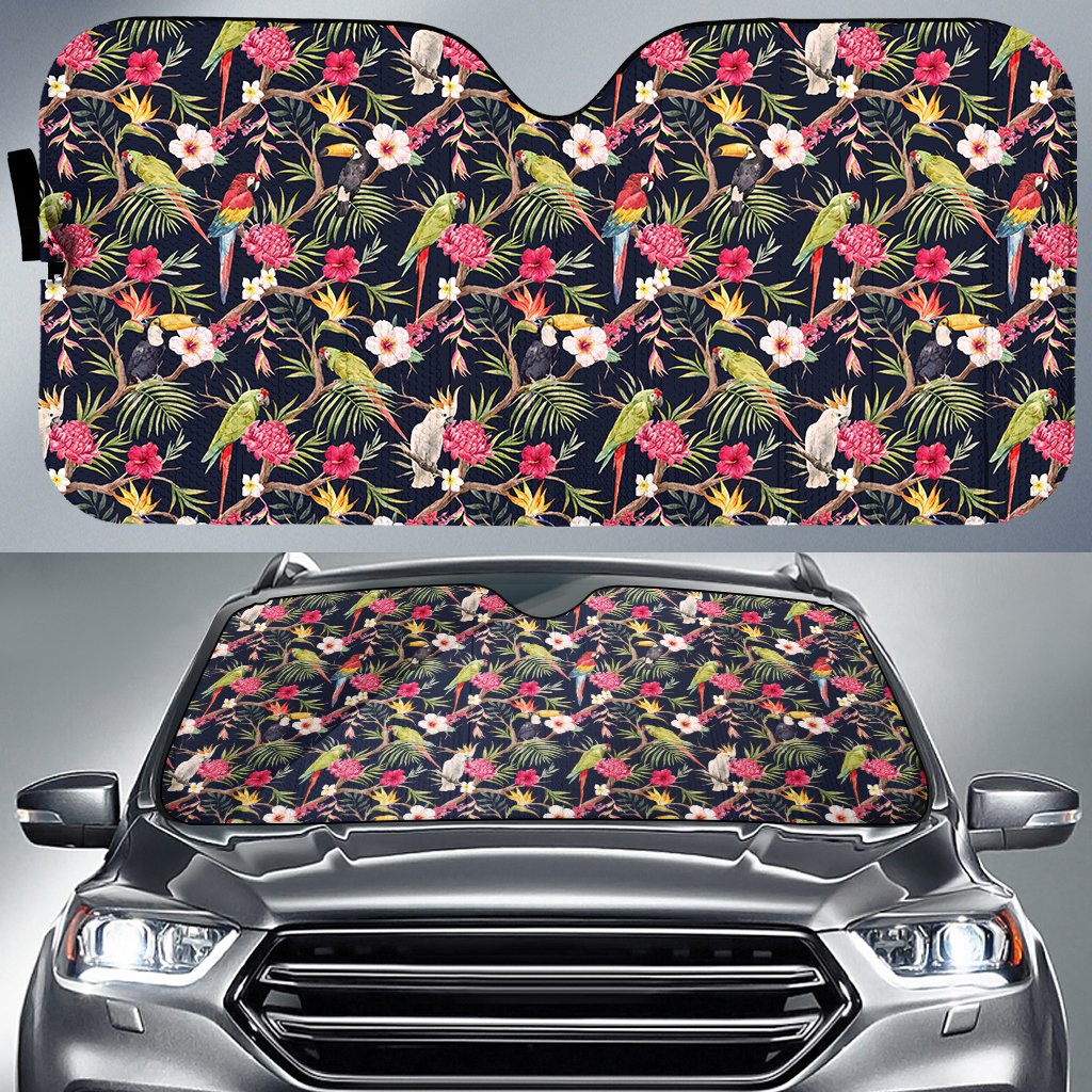 Tropical Hibiscus, Strelitzia Palm Leaves Hawaii Car Sun Shade Auto Sun Shade Universal Fit White - Polynesian Pride