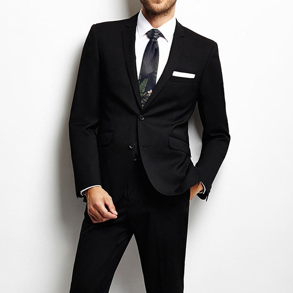 Tropical Leaves And Flowers In The Night Style Necktie One Size Black Necktie - Polynesian Pride