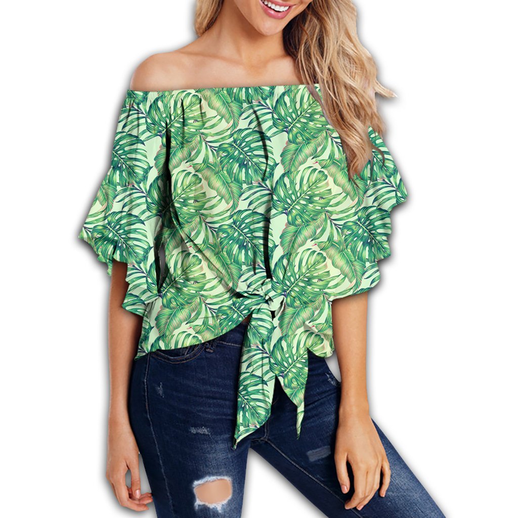 Tropical Leaves Jungle Monstera Leaf Women's Off Shoulder Wrap Waist Top - AH Female Green - Polynesian Pride