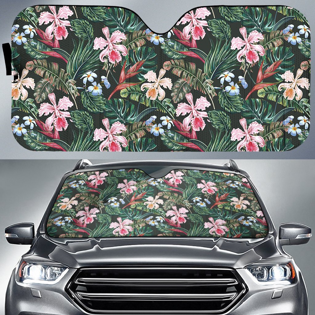 Tropical Monstera Leaf Red Hawaii Car Sun Shade Auto Sun Shade Universal Fit Red - Polynesian Pride