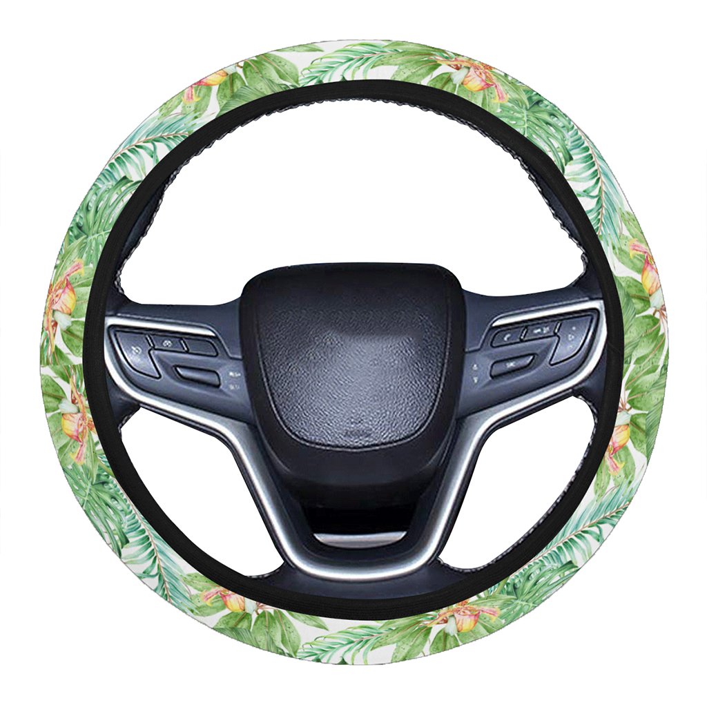 Tropical Orange Orchids Strelitzia Monstera Hawaii Universal Steering Wheel Cover with Elastic Edge One Size Orange Steering Wheel Cover - Polynesian Pride