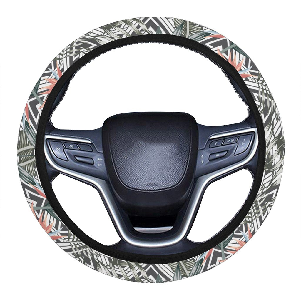 Tropical Palm Leaves And Flowers Hawaii Universal Steering Wheel Cover with Elastic Edge One Size Blue Steering Wheel Cover - Polynesian Pride