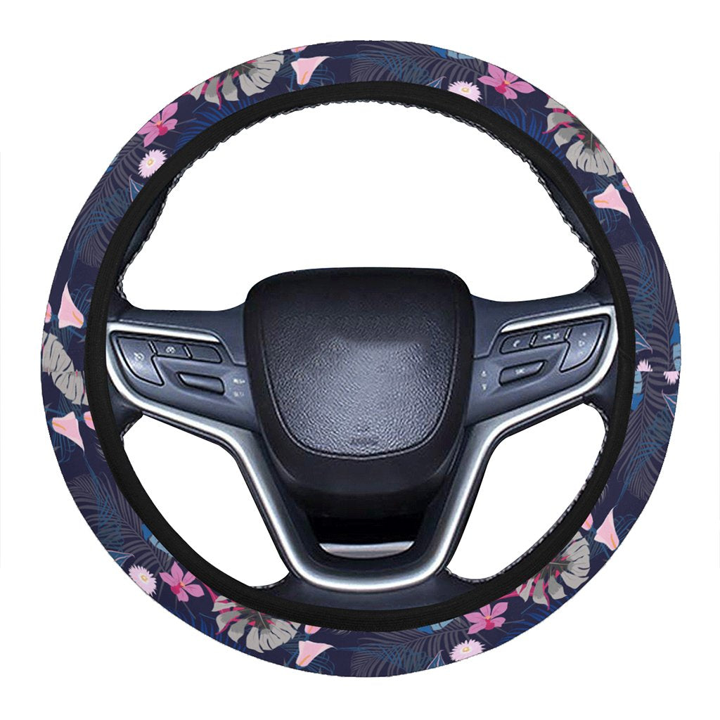 Tropical Palm Tree And Flower Hawaii Universal Steering Wheel Cover with Elastic Edge One Size Blue Steering Wheel Cover - Polynesian Pride