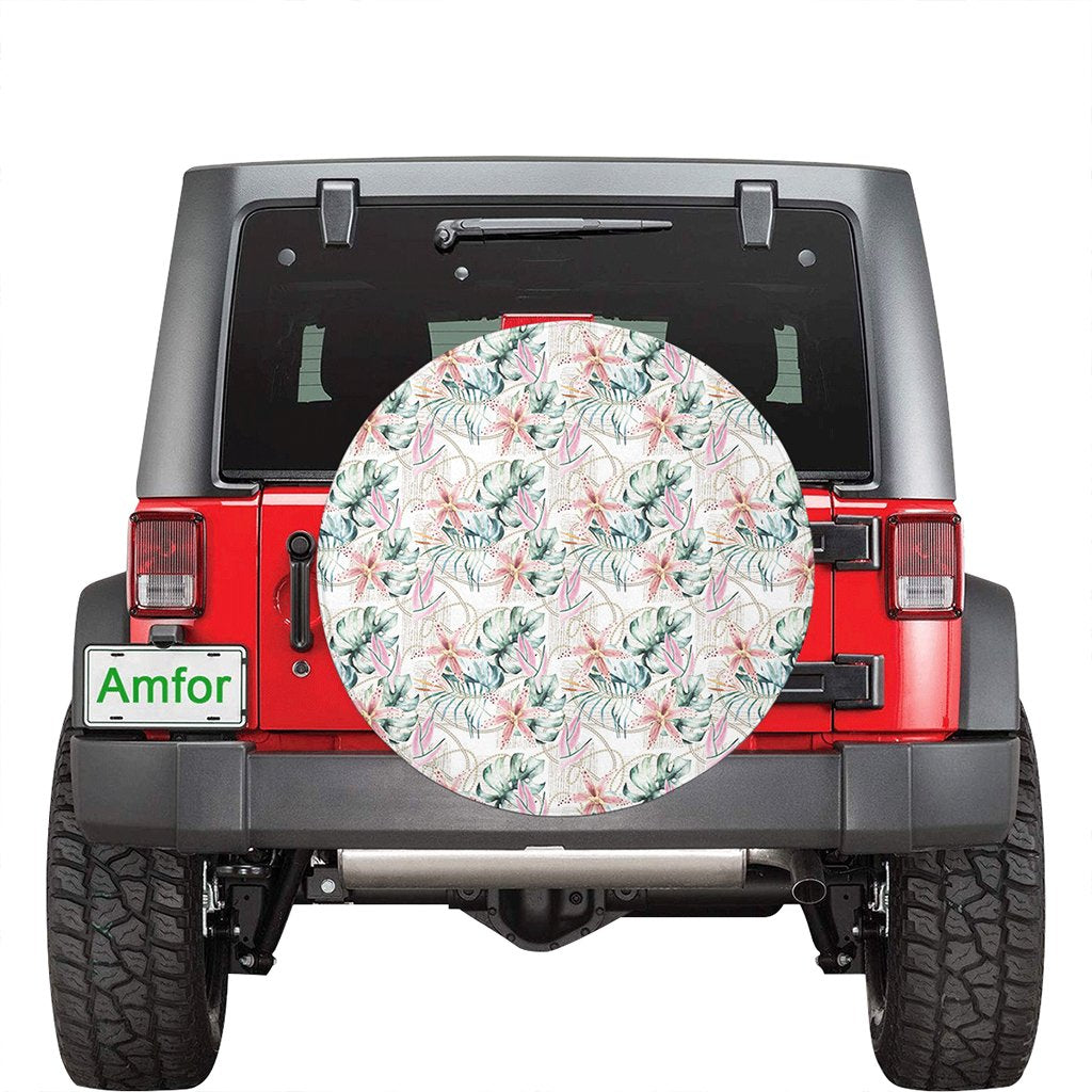 Tropical Pattern With Orchids Leaves And Gold Chains Hawaii Spare Tire Cover - Polynesian Pride