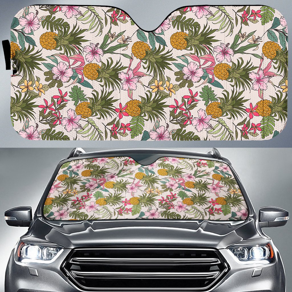Tropical Pineaapple Hawaii Car Sun Shade Auto Sun Shade Universal Fit White - Polynesian Pride