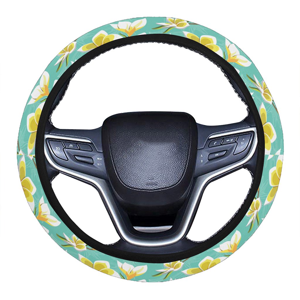 Tropical Plumeria Blue Hawaii Universal Steering Wheel Cover with Elastic Edge One Size Blue Steering Wheel Cover - Polynesian Pride