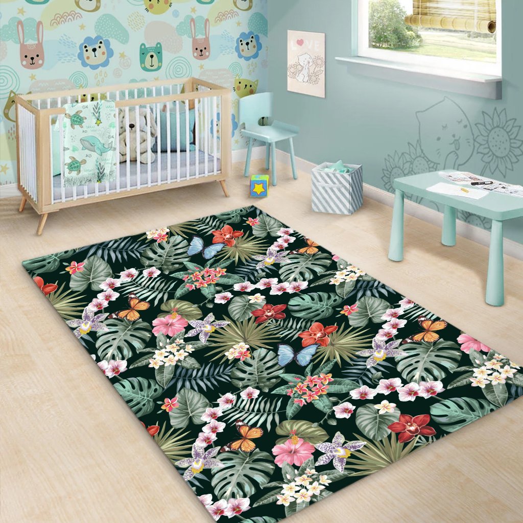 Tropical Plumeria Pattern With Palm Leaves Area Rug - AH - Polynesian Pride