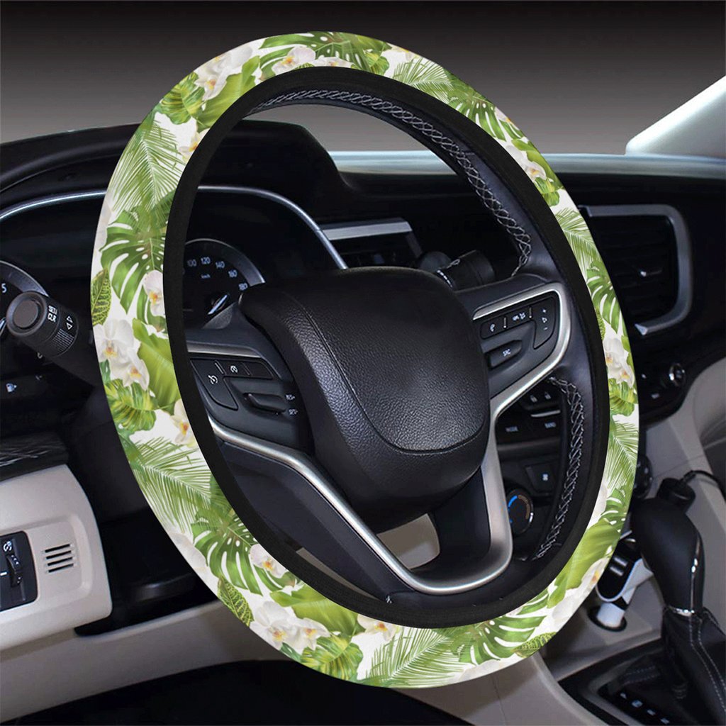 Tropical Plumeria White Hawaii Universal Steering Wheel Cover with Elastic Edge - Polynesian Pride