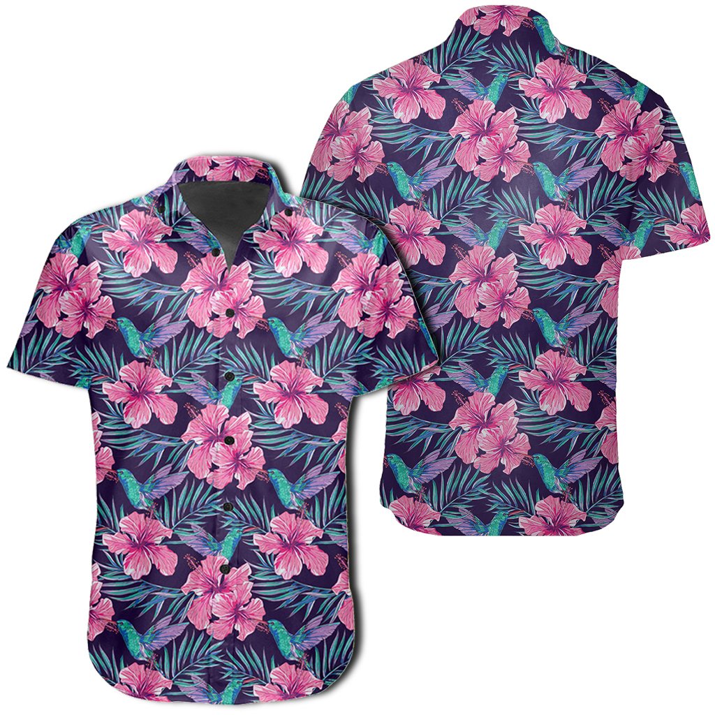 Hawaiian Shirt - Tropical Flowers With Hummingbirds Palm Leaves Shirt Unisex Black - Polynesian Pride