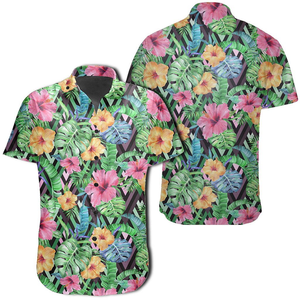 Hawaiian Shirt - Tropical Hibiscus Banana Leafs Shirt Unisex Black - Polynesian Pride