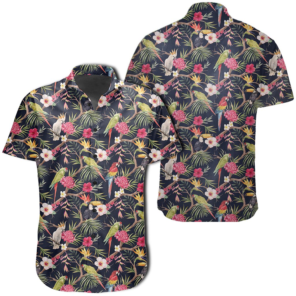 Hawaiian Shirt - Tropical Hibiscus, Strelitzia Palm Leaves Shirt Unisex Black - Polynesian Pride