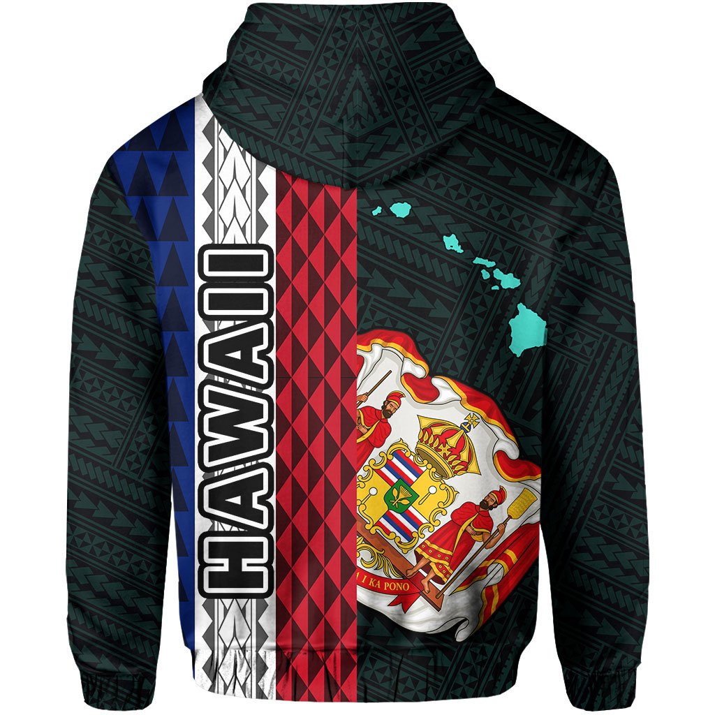 Polynesian Kakau Hawaii Flag Royal Coat of Arms Hawaii Zip Hoodie Turquoise - Polynesian Pride