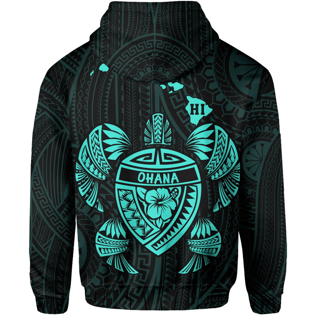 Polynesian Kakau Turtle Ohana Map of Hawaii Hoodie Turquoise - Polynesian Pride