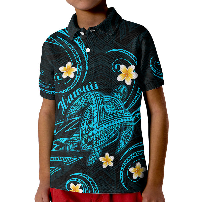 Hawaii Polo Shirt Hawaiian Turtle Plumeria Mixed Polynesian Turquoise Style LT9 Kid Turquoise - Polynesian Pride