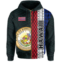 Polynesian Kakau Hawaii Flag Seal of Hawaii Zip Hoodie Turquoise - Polynesian Pride