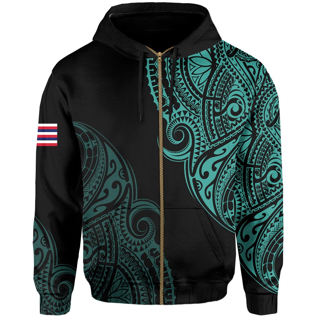 Personalized Hawaii Map Polynesian Warrior Ikaika Hoodie Zip William Style Turquoise - Polynesian Pride