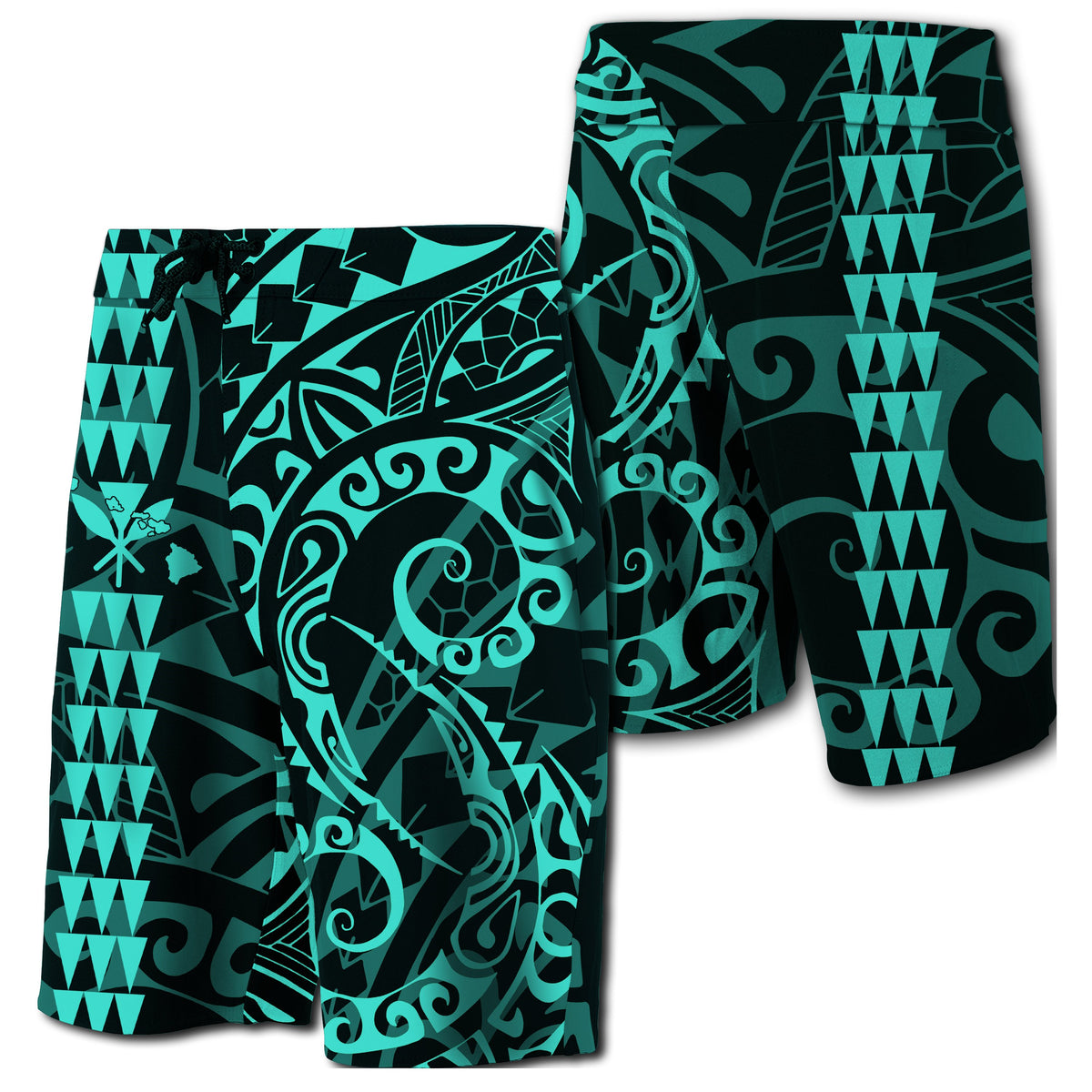 Hawaii Kakau Polynesian Kanaka Board Shorts - Turquoisse - Snapy Style Men Turquoise - Polynesian Pride