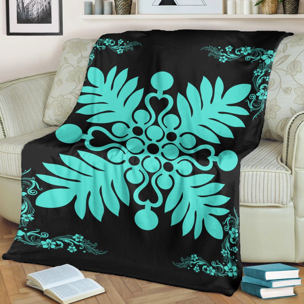 Hawaiian Quilt Maui Plant And Hibiscus Premium Blanket - Turquoise Black - AH - Polynesian Pride