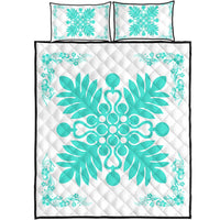Hawaiian Quilt Maui Plant And Hibiscus Pattern Quilt Bed Set - Turquoise White - AH Turquoise - Polynesian Pride
