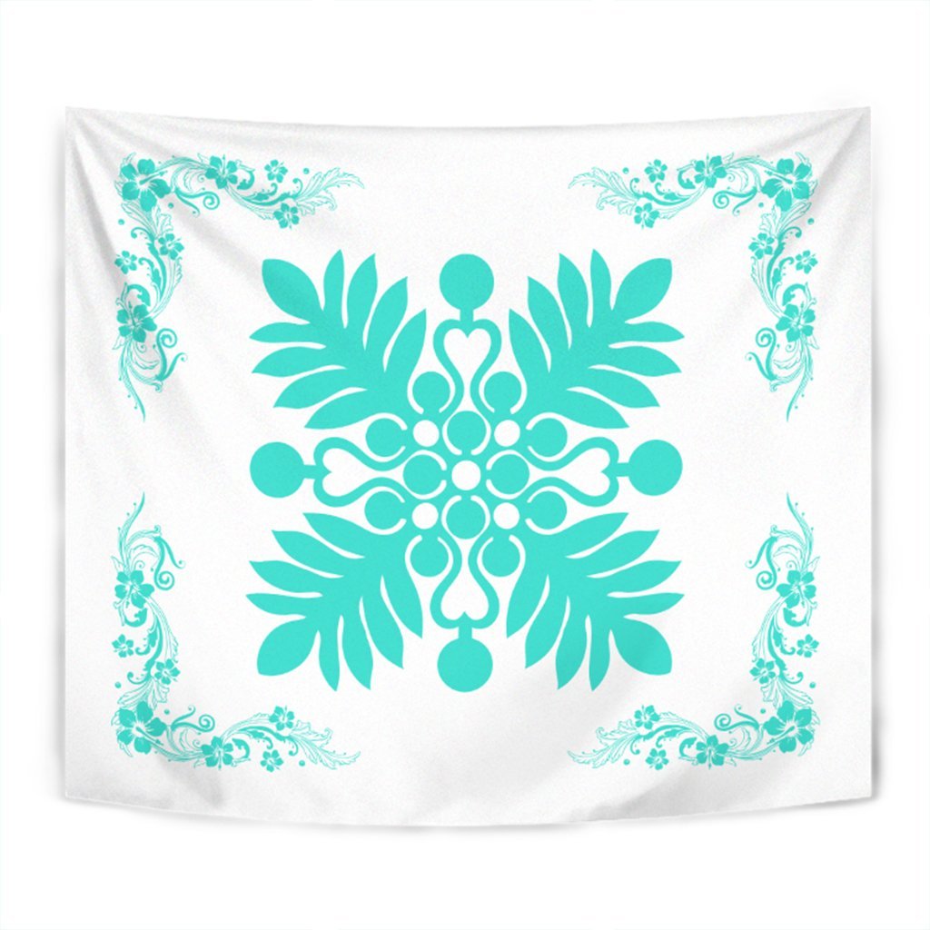 Hawaiian Quilt Maui Plant And Hibiscus Tappestry - Turquoise White - AH Wall Tapestry Turquoise - Polynesian Pride