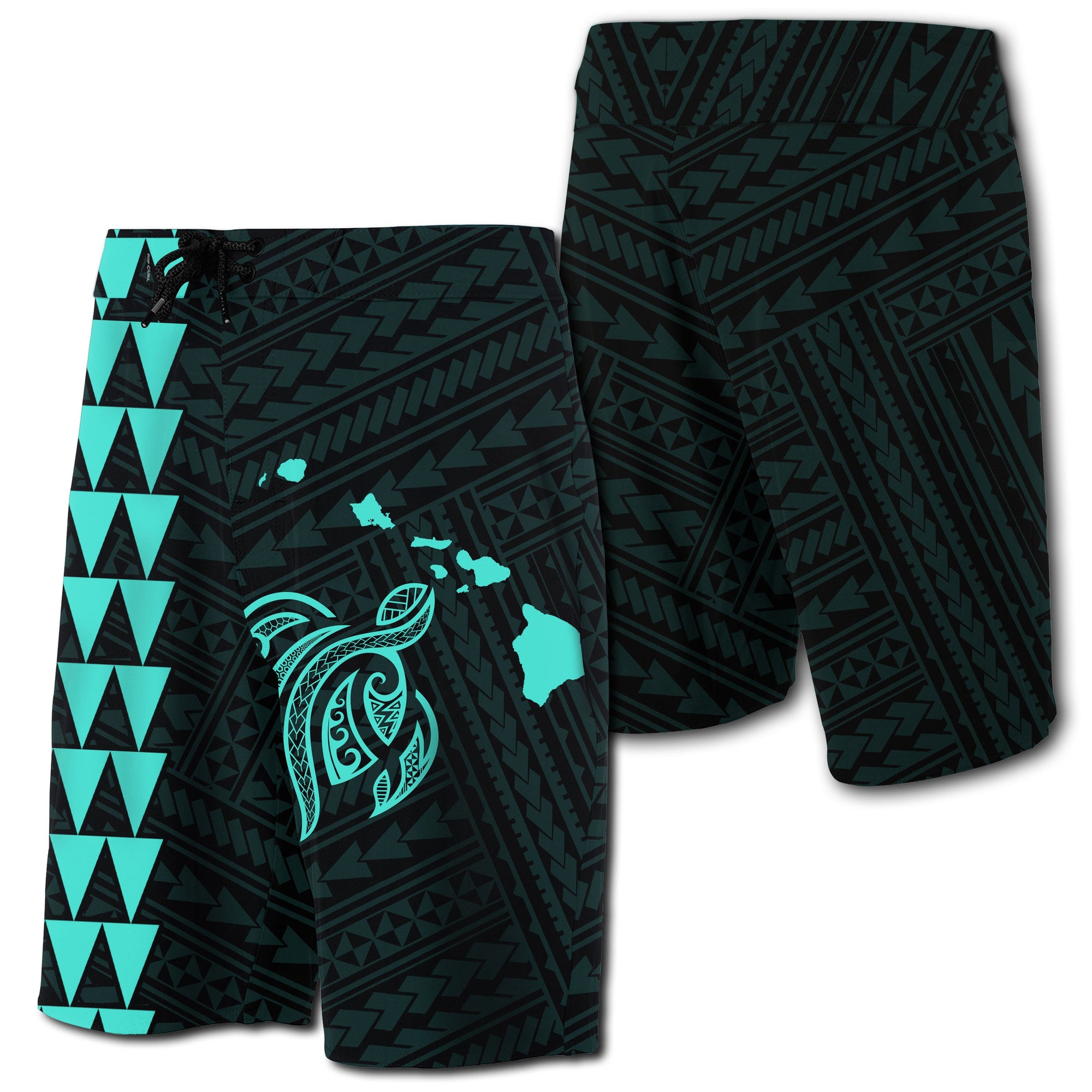 Hawaii Kakau Polynesian Turtle Map Board Shorts - Turquoise Men Turquoise - Polynesian Pride