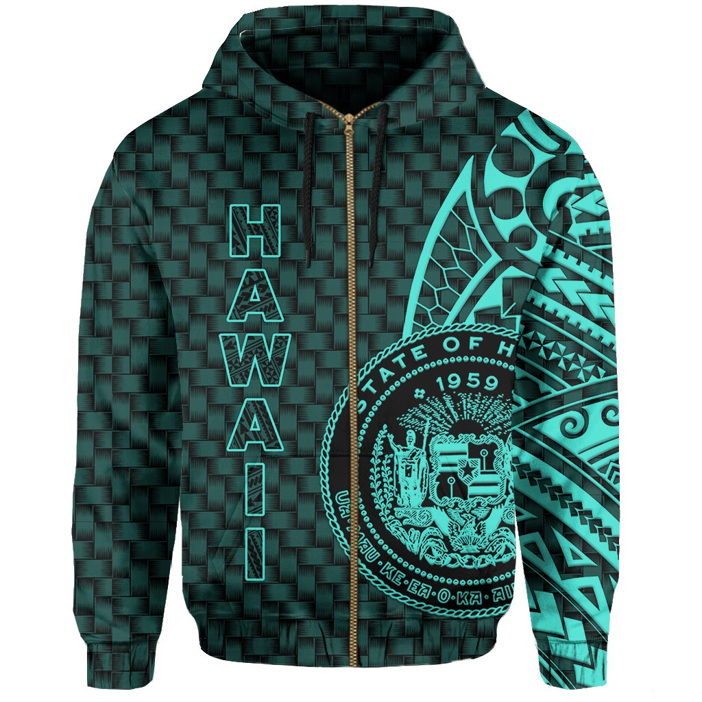 Hawaii Polynesian Zipper Hoodie Turquoise Emboss Style - Polynesian Pride