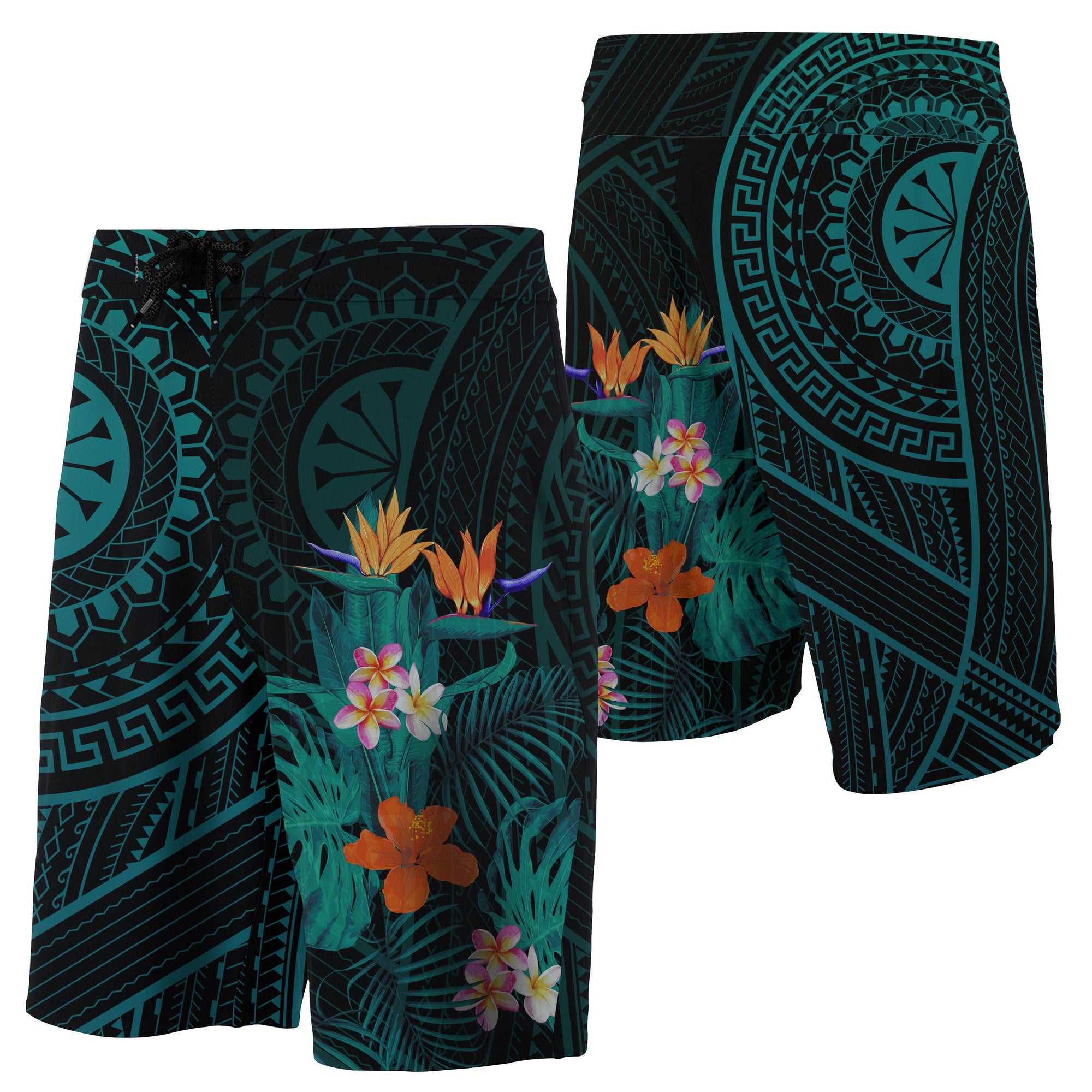 Hawaii Tropical Flowers Polynesian - Board Shorts - Turquoise - Haka Style Men Turquoise - Polynesian Pride