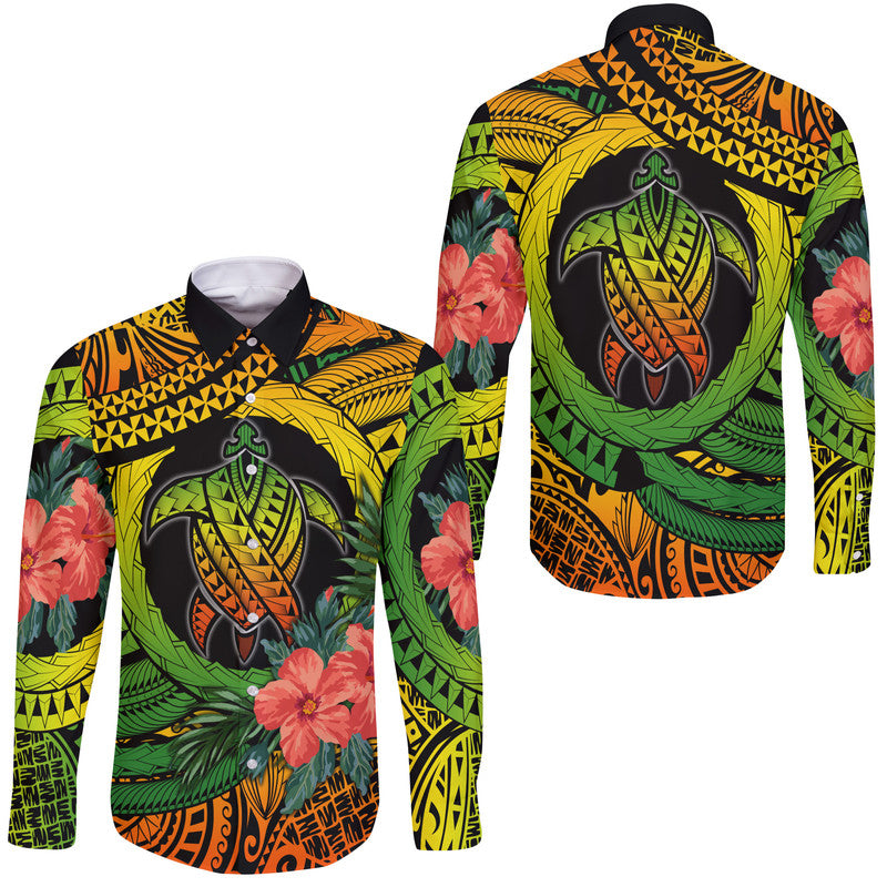 Polynesian Turtle Hawaii Long Sleeve Button Shirt Circle Turtle Hibiscus Reggae LT9 Unisex Reggae - Polynesian Pride