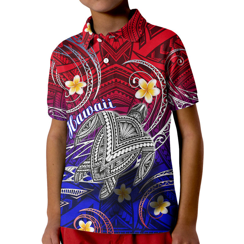 Custom Hawaii Polo Shirt Hawaiian Turtle Plumeria Mixed Polynesian Style LT9 Kid Gradient - Polynesian Pride
