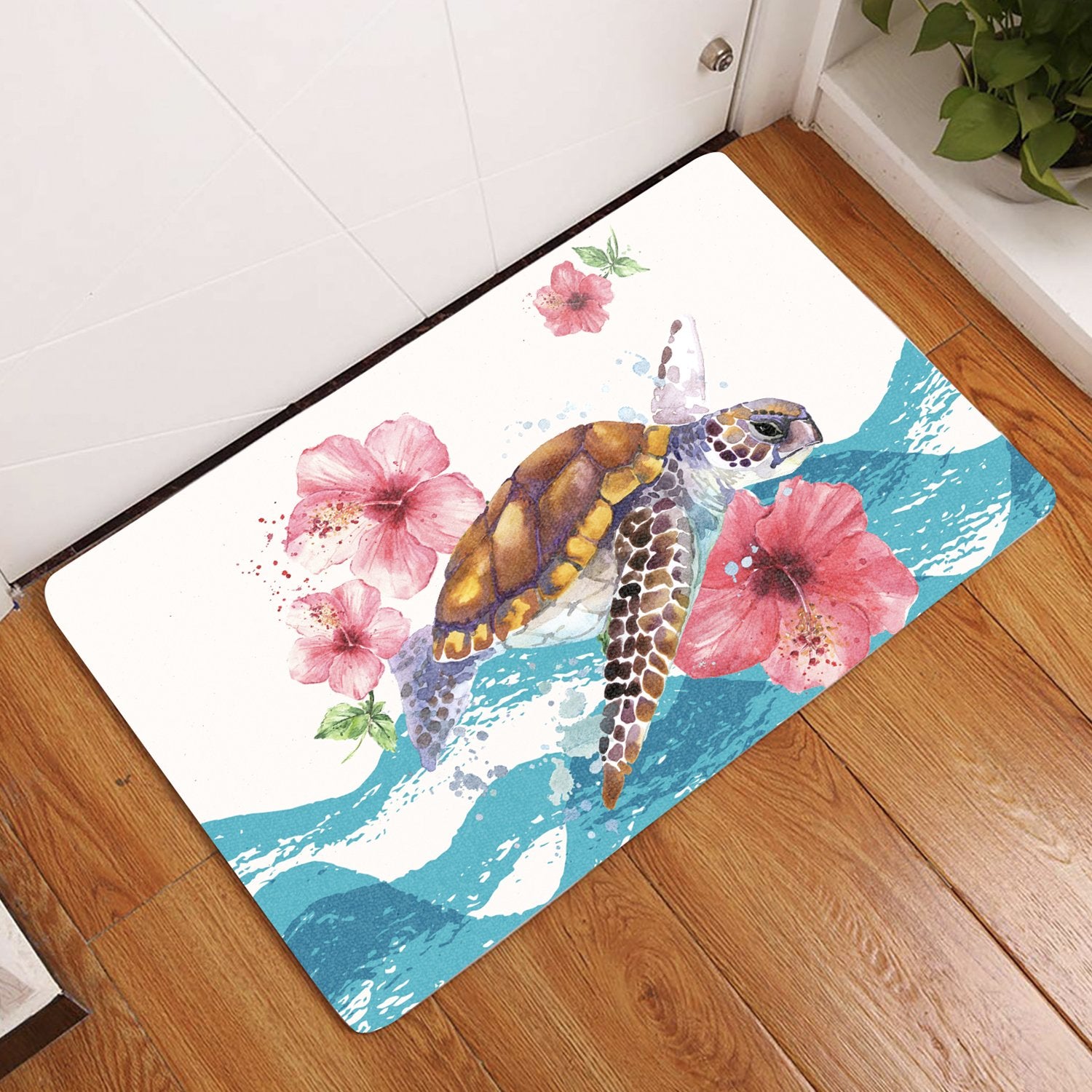 Turtle Hibiscus On Wale Door Mat AH Door Mat Black - Polynesian Pride