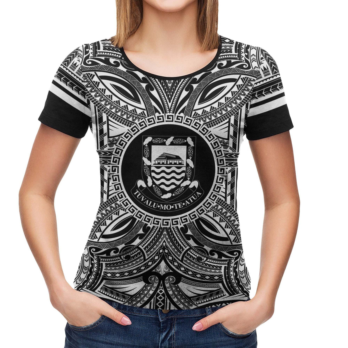 Tuvalu T Shirt Tuvaluan Coat of Arms Polynesian White Black - Polynesian Pride
