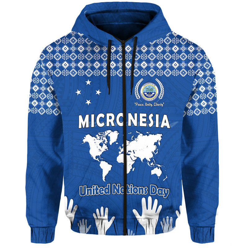 Custom Federated States of Micronesia United Nations Day Hoodie Blue Simple World Map Version LT9 Zip Hoodie Blue - Polynesian Pride