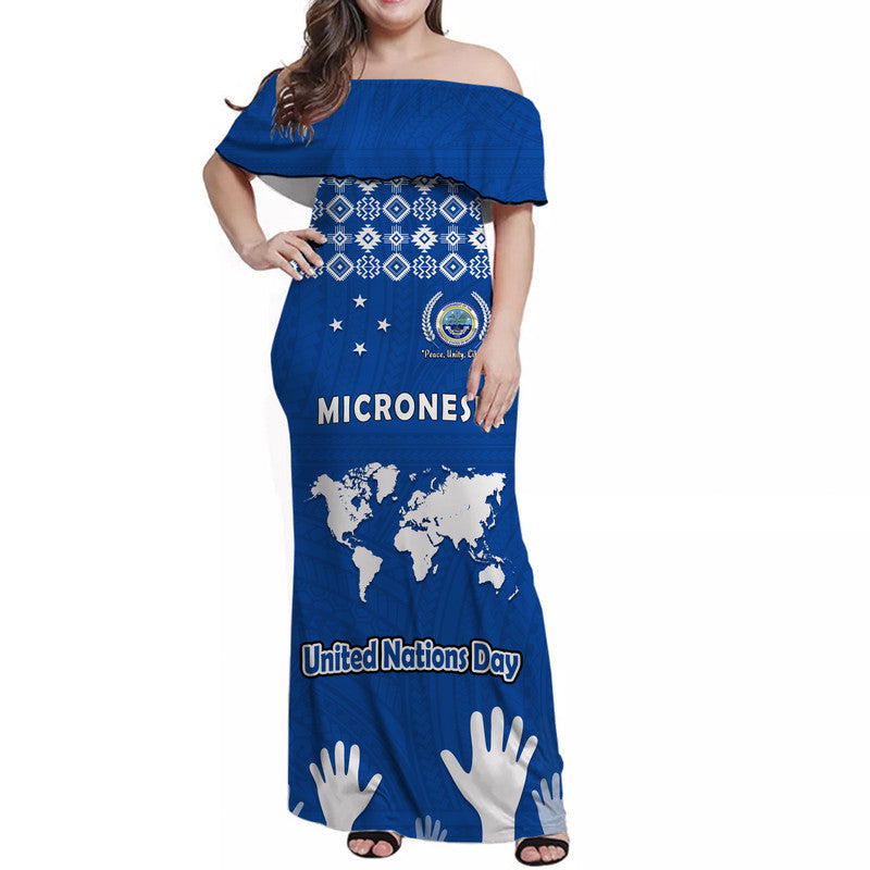 Federated States of Micronesia United Nations Day Women Off Shoulder Long Dress Blue Simple World Map Version LT9 Women Blue - Polynesian Pride